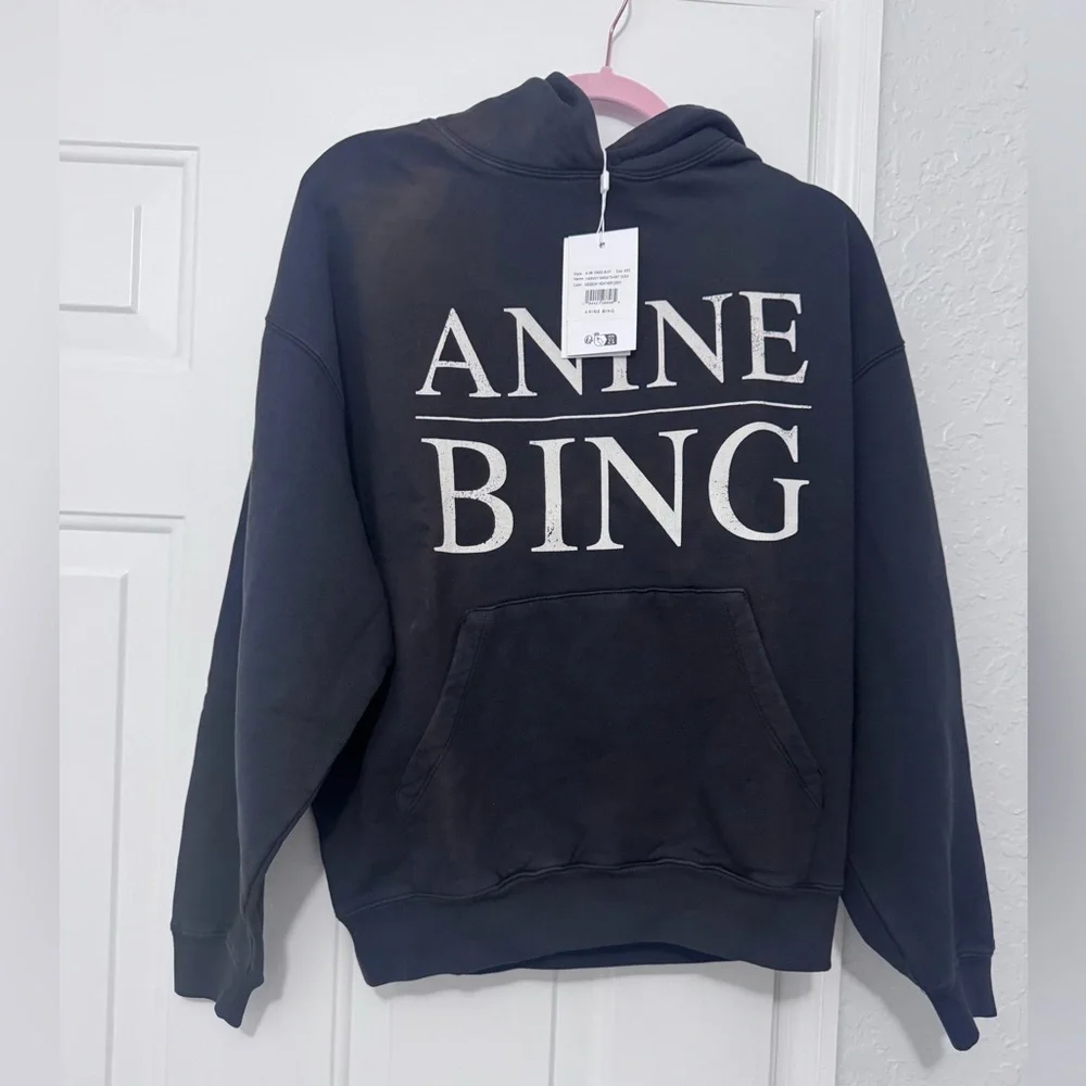 NWT Anine Bing $220 Faded Black/Grey Logo Hoodie XXS (VERY oversized) 23” PTP - Picture 9 of 11
